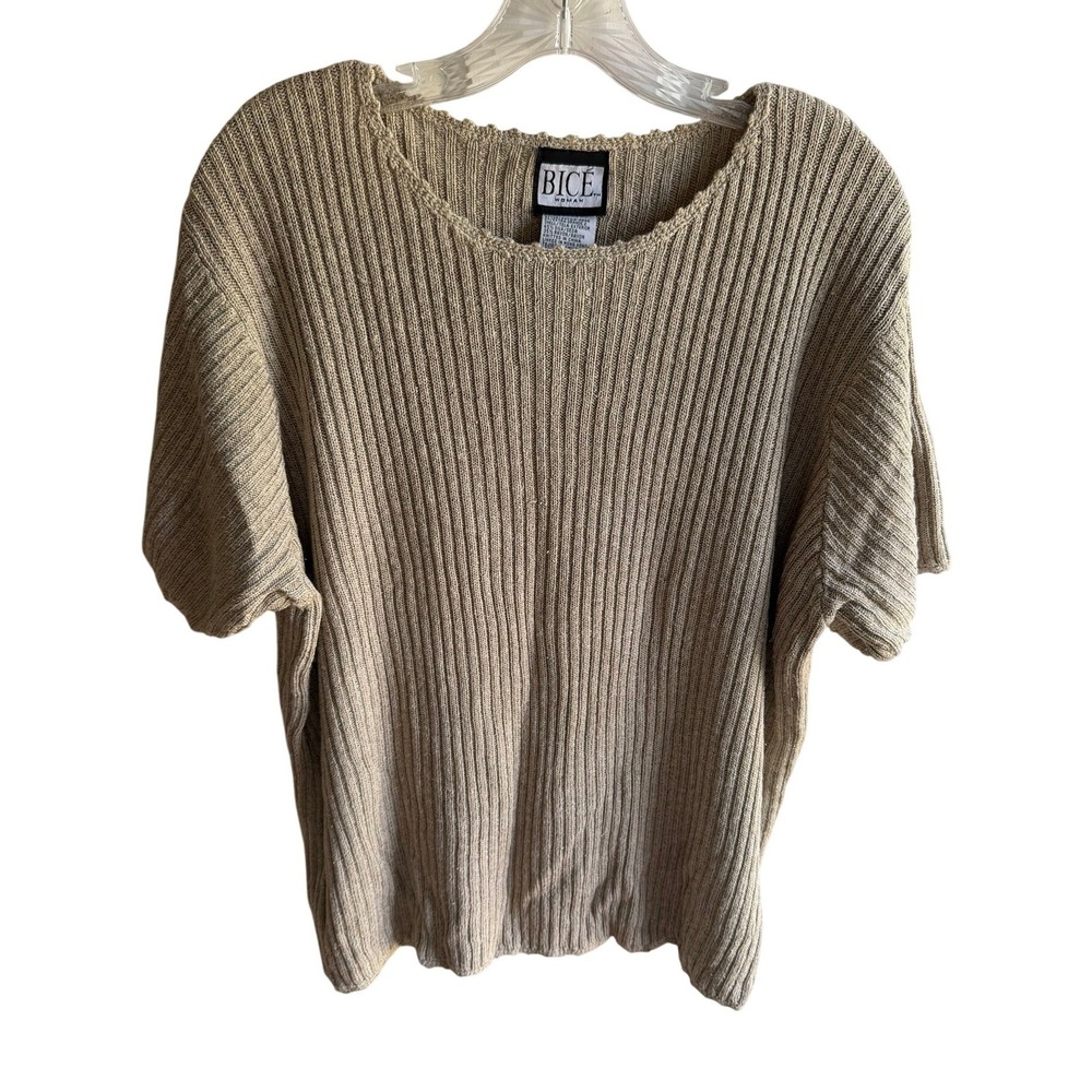 Vintage 90's Women's 2X Beige Silk Blend Ribbed Knit Cottagecore Sweater